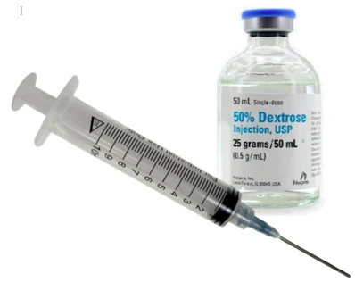 Dextrose solution bottle and syringe for prolotherapy